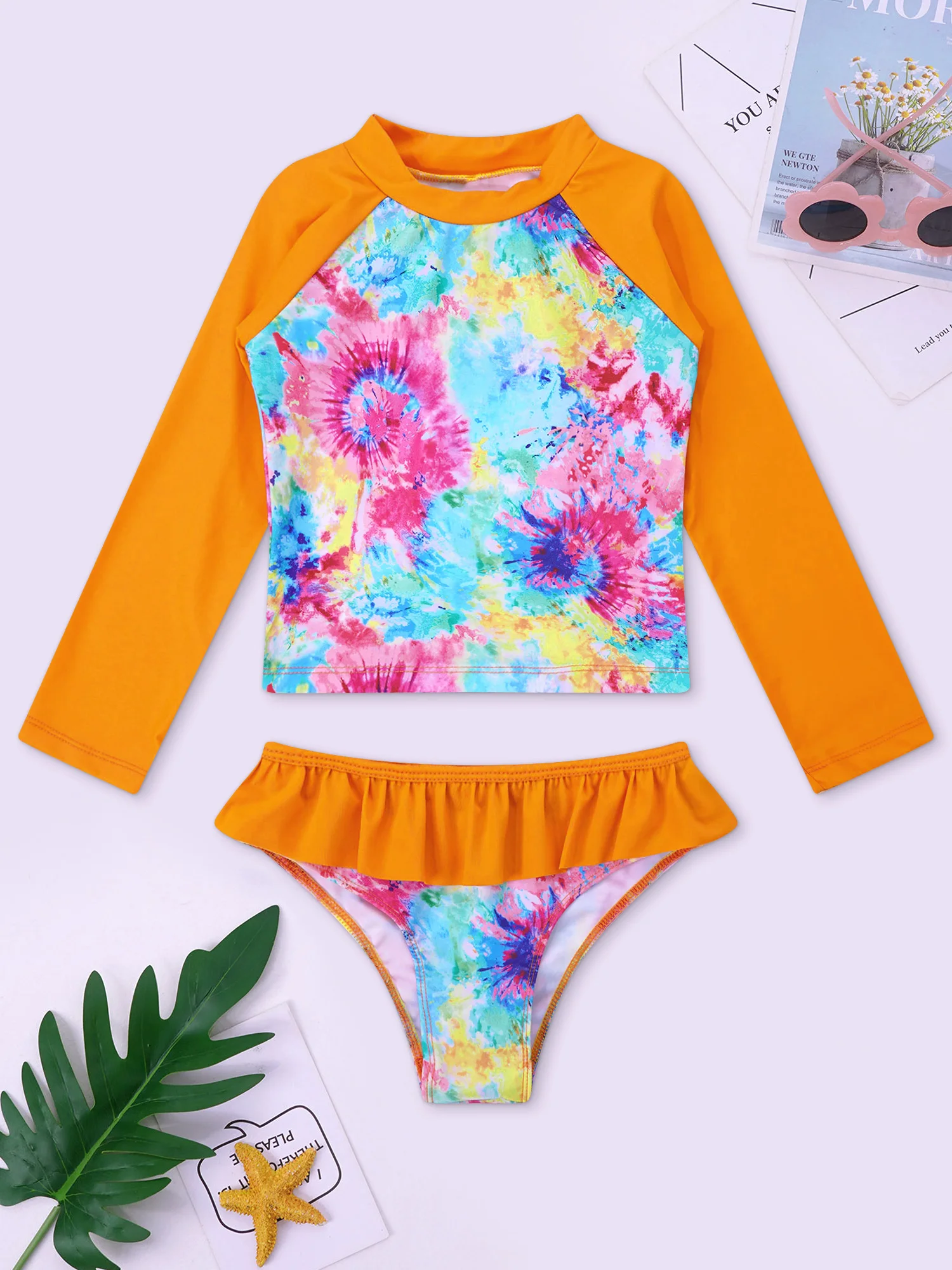 

Kids Girls Fish Scales Printed Swimwear Tankini Rashguard Swimsuit Long Sleeves Swimming Bathing Suit Set Tops with Bottoms
