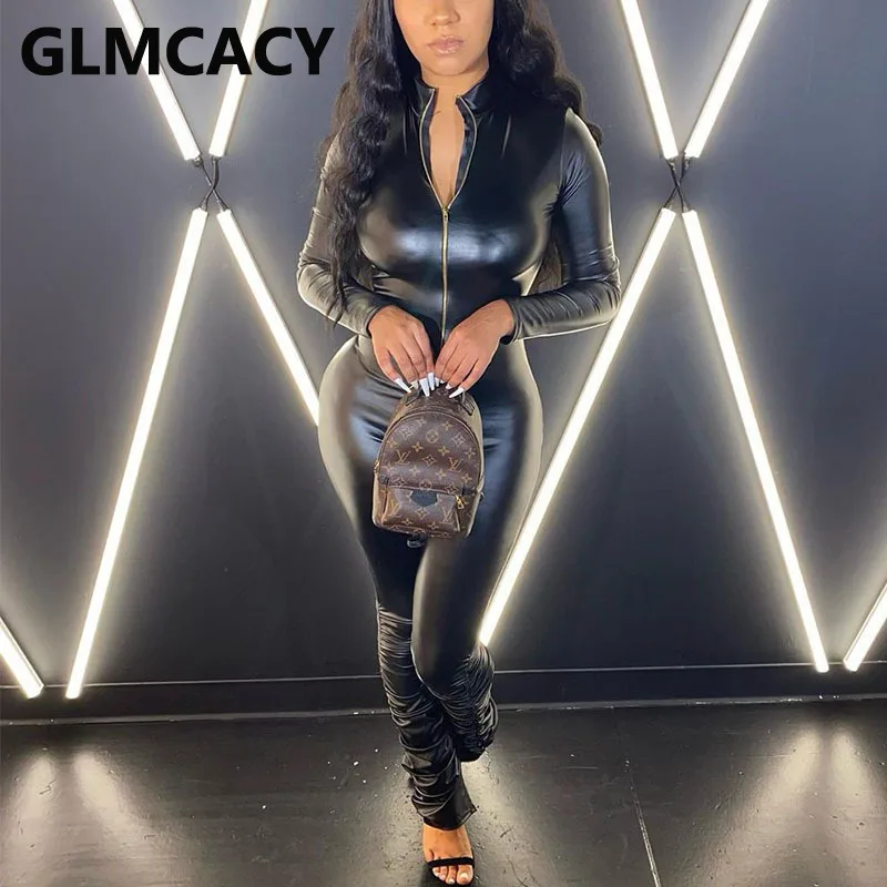 

Женский Облегающий комбинезон из искусственной кожи на молнии с длинным рукавом, шикарные байкерские комбинезоны