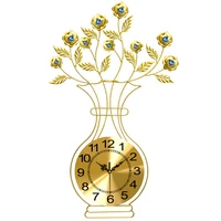 European fashion golden clock Modern creative large vases quartz  Sitting room mute wall  Blue / White glass Diamond