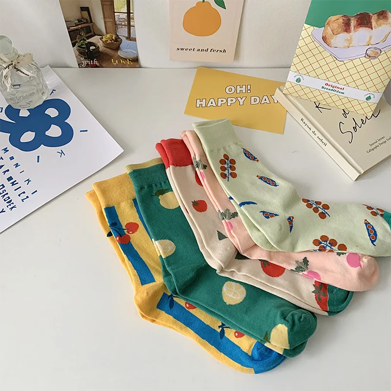5 Pcs Harajuku Japanese Cute Cartoon Fruit Cotton Socks Set for Women New Sweet Kawai Spring Autumn Mid-Tube Cotton Korean Socks