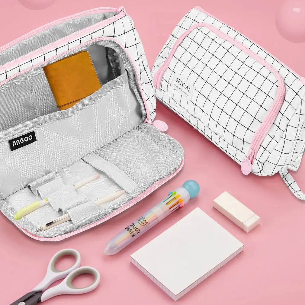 

Hot Stationary Pen Storage Bag Simple Plaid Pencil Case Multi Layer Large Capacity Cosmetic Travel Canvas Pen Pencil Storage Bag