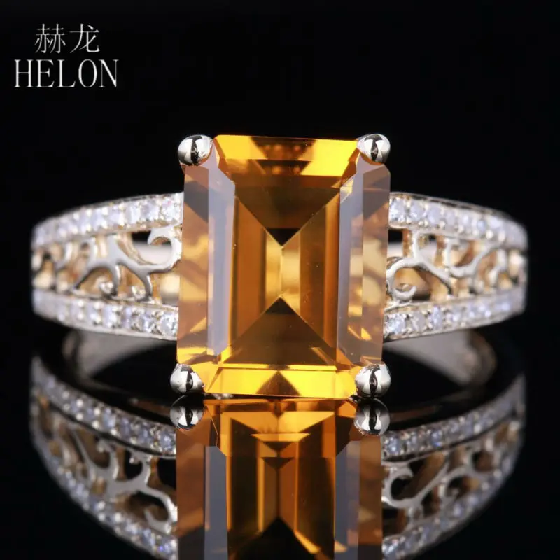 

HELON Soild 14K 10K желтое золото изумрудная огранка 10x8 мм натуральный цитрин бриллианты обручальное кольцо для женщин трендовые ювелирные изделия