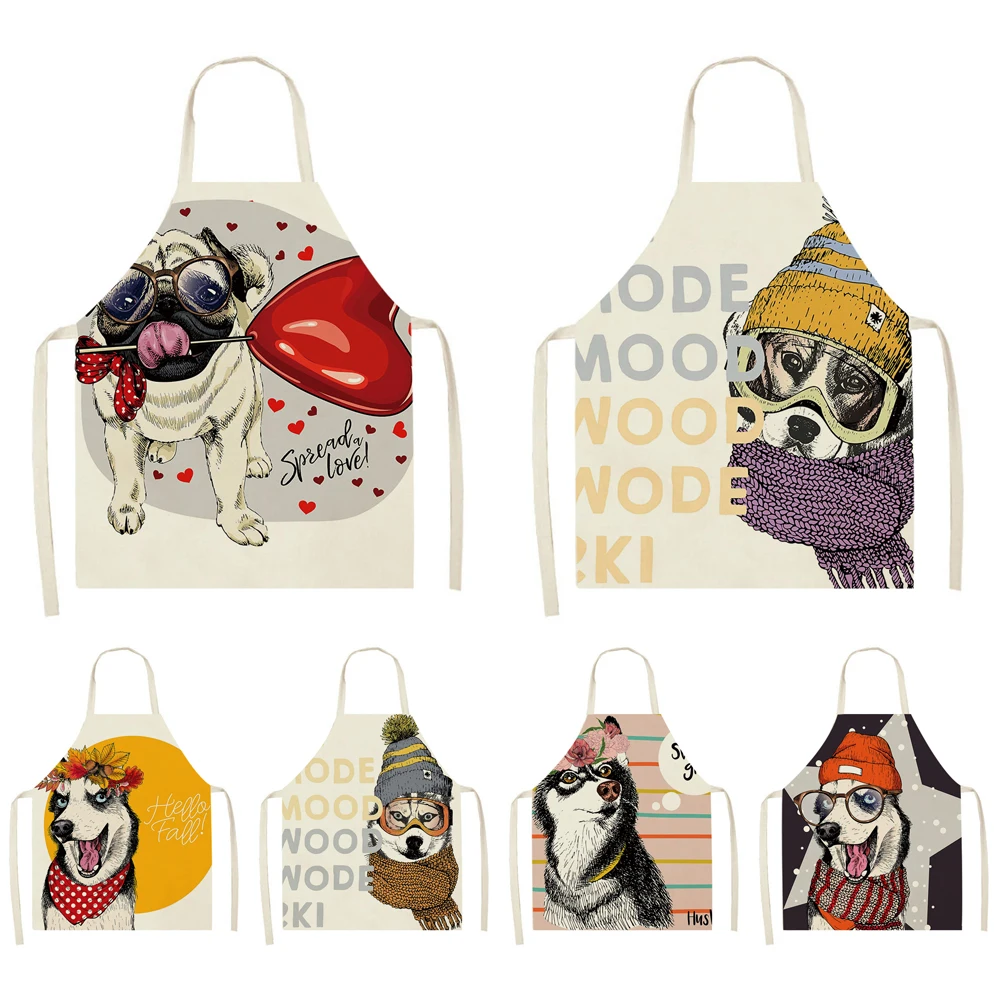 

Dog Printed Printed Linen Apron for Woman Men Cartoon Animal Household Cleaning Tools Home Cooking Accessories Delantal Cocina