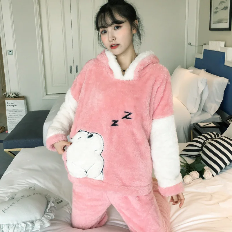 Plush Hooded Homewear Cartoon Pajamas Set Women Sweet Print Full-Sleeve Warm Flannel Sleepwear Loose Pyjamas Clothes Big Size