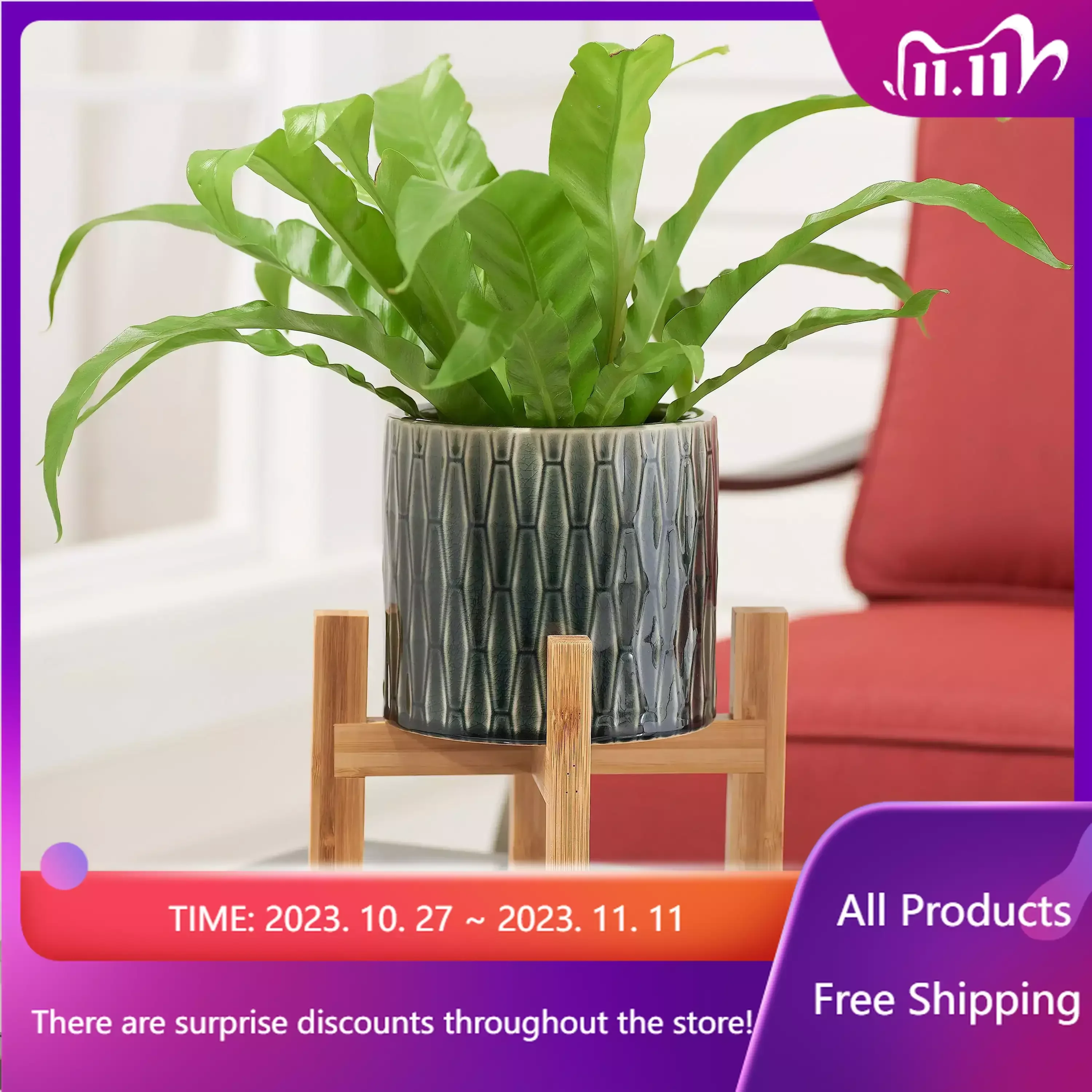 

Kennewick Ceramic Planter with Bamboo Stand, 6" Pots for Plants