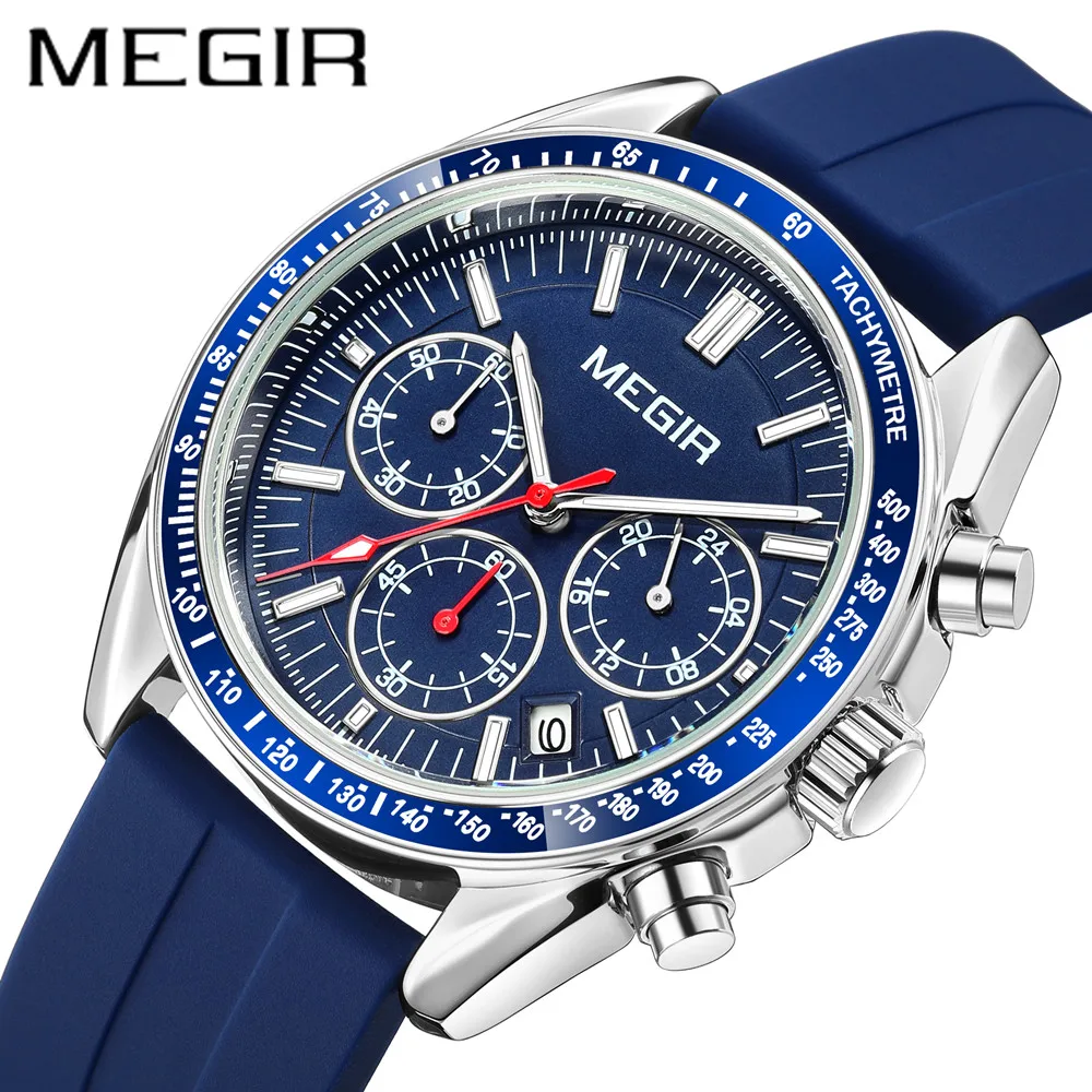 

MEGIR Analog Quartz Wrist Watch Chronograph Luminous Business Sport Watches with Silicone Strap Calendar Man Clock reloj hombre