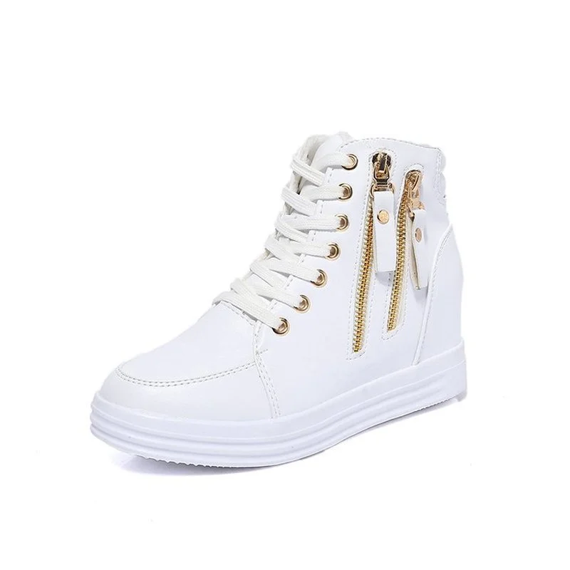

2022 Spring New Inner Heightening Women's Platform Shoes Casual Shoes White High Top Sneakers Short Leather Ankle Boots