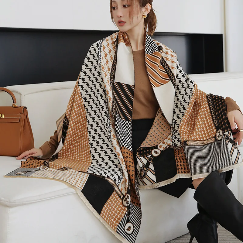 

Зимний кашемировый шарф, Женская шаль, роскошный Теплый тёплый шейный платок из пашмины с принтом «гусиная лапка», дизайнерская бандана