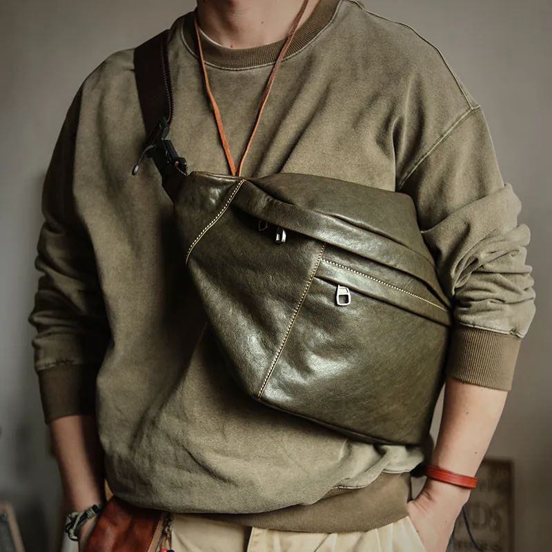 Fashion natural genuine leather youth sports green big chest bag luxury real cowhide large capacity motorcycle crossbody bag