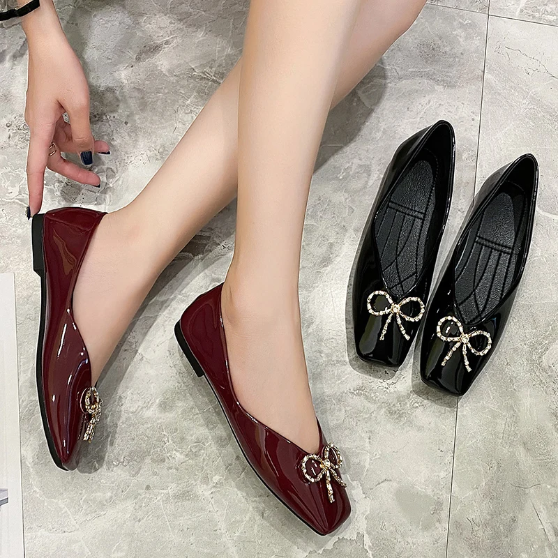 High Quality Size 35-44 Square Toe With Rhinestone Bow Woman New Arrivals Slip On Flat Shoes Ladies