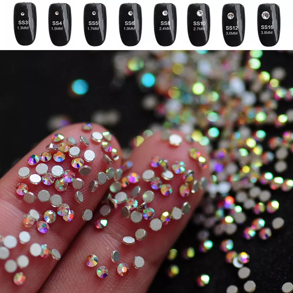 

All Sizes 2000NoHF 5A Crystal AB Flat Back Non Hotfix Glitter Glass Stones DIY Nail Art Rhinestone 3D Nails Decorations