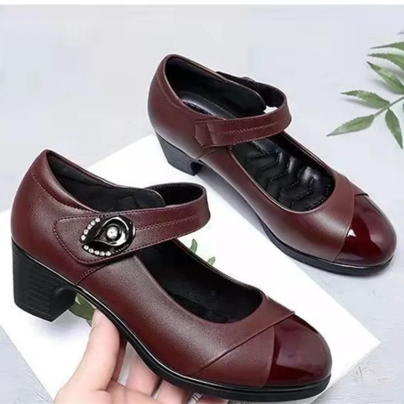 

Туфли-лодочки женские с круглым носком, классические туфли на ремешке с пряжкой, высокий каблук, удобная летняя обувь для вечеринок, бордовый цвет