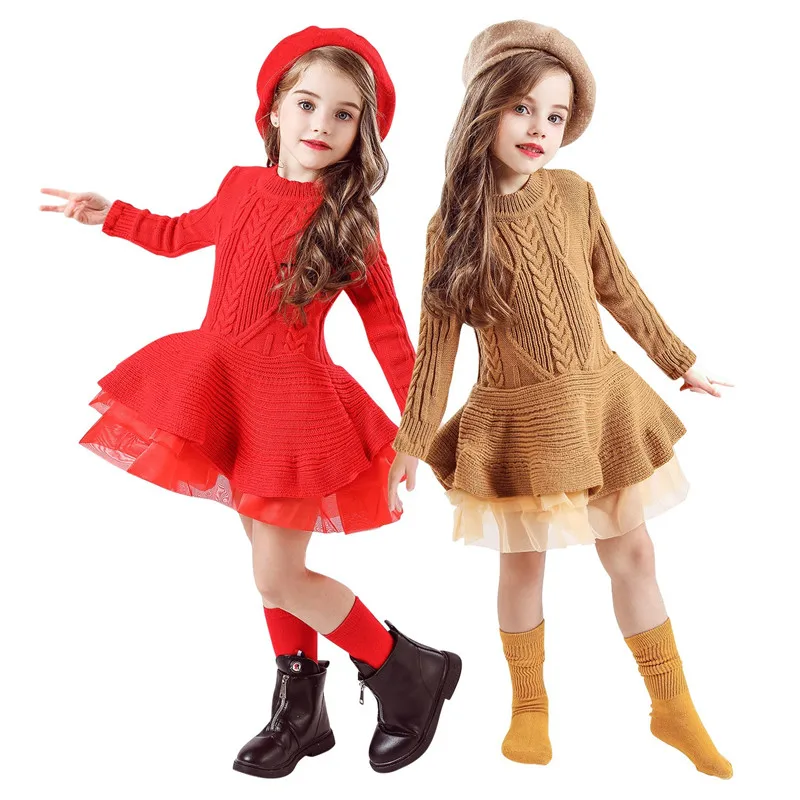 Вязаные платья с оборками для девочек, осенне-зимний бальный костюм принцессы на свадьбу, день рождения, детское рождественское платье, оде...