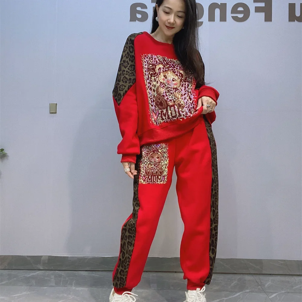 Флисовые комплекты свитшотов зима 2024 новинка популярный топ с леопардовым