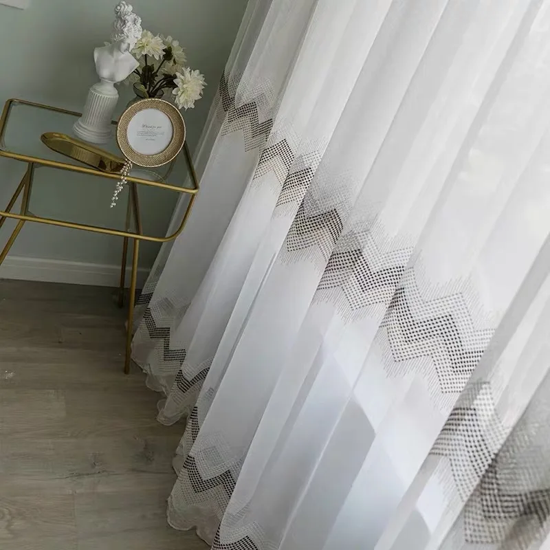 

Modern Coffee/Blue Geometric Lace Embroidered Window Screen For Living Room Nordic White Tulle Curtain For Bedroom Kitchen