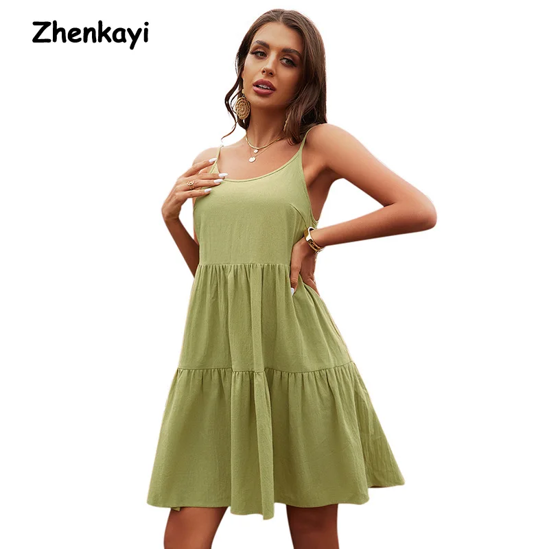 

Dresses for Women 2022 Suspender Skirt Round Neck Sexy Open Back High Waist Loose Green DressElegant Dresses for Women