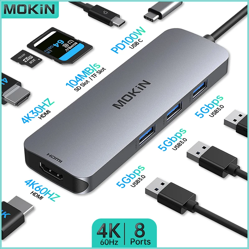 

MOKiN 8 in 1 Docking Station for MacBook Air/Pro, iPad, Thunderbolt Laptop - USB3.0, PD 100W - Sync Data and Power Your Devices