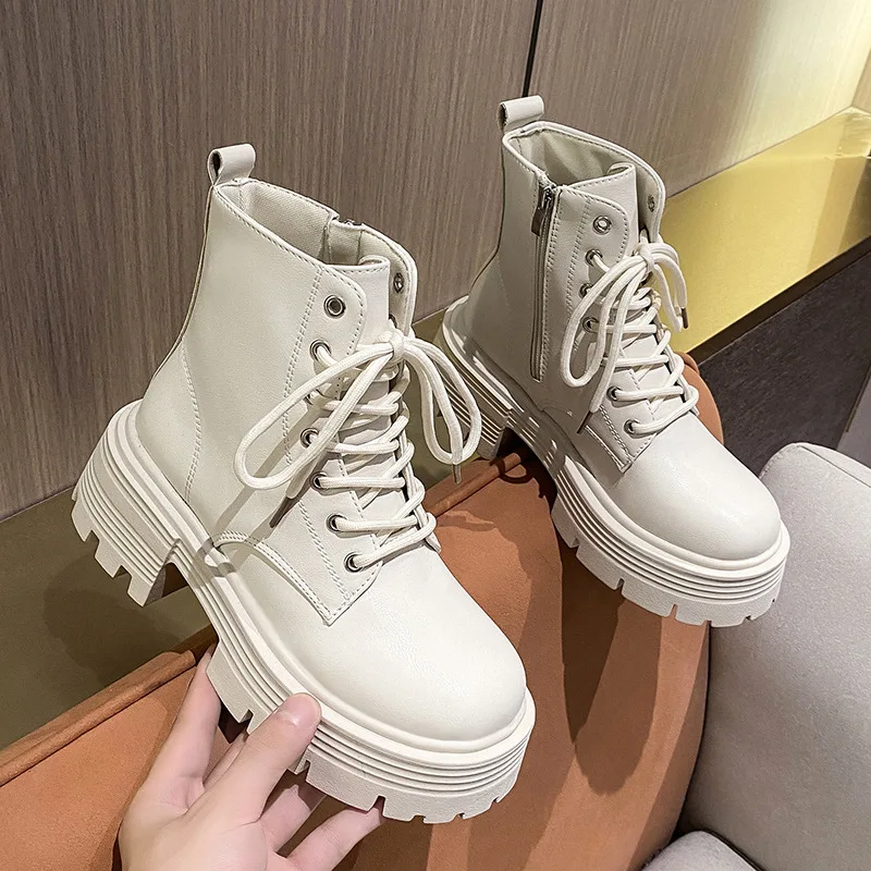 

White Ankle Boots For Women New Platform Combat Boots Female Streetwear Punk Goth Shoes PU Leather Autumn Boots Botas Mujer
