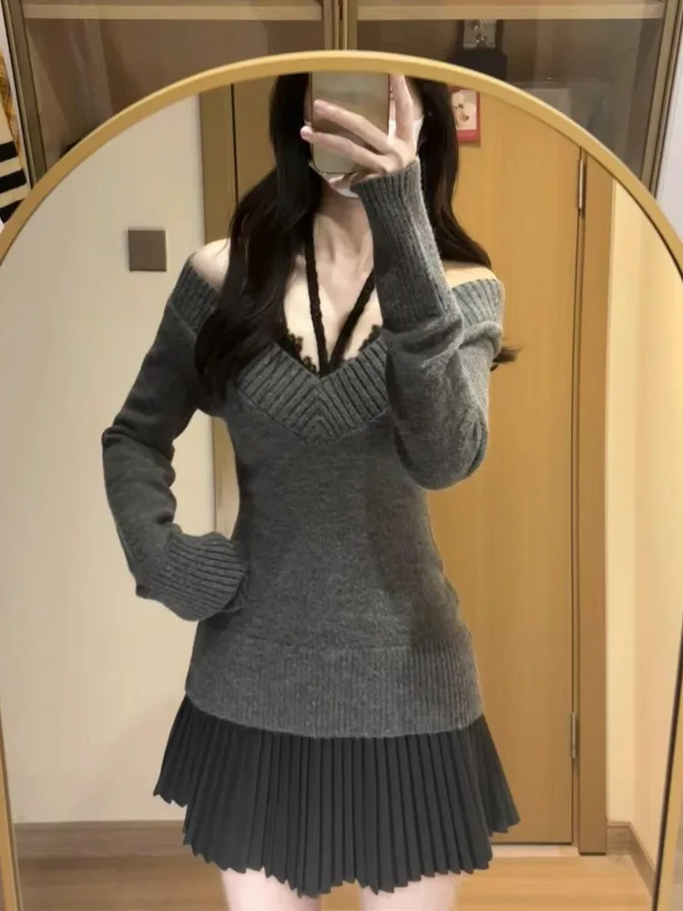 Sister Gao Zhi Вязаный свитер с v-образным вырезом Женская плиссированная юбка