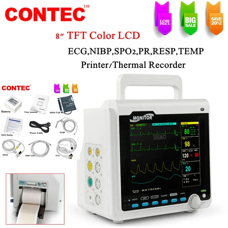 Фото Портативный клинический монитор пациента CONTEC CMS6000C, 6-параметрическое оборудование для взрослых, детей, новорожденных и ветеринарного применения, с функцией ЭКГ. №5