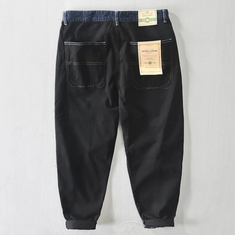 Men Jeans Patchwork Pants Cotton Male Black Casual Mid Waist Slim Fit Trouser Vintage Wash Jeans