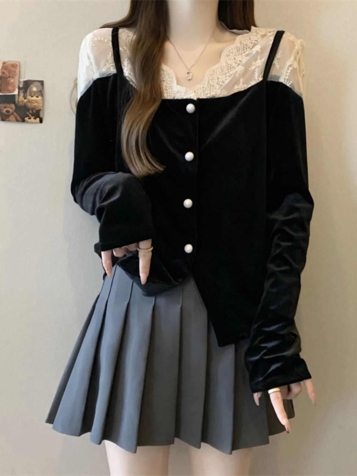 Бархатные рубашки больших размеров Chubby Girl French sle High Sense с кружевной строчкой и