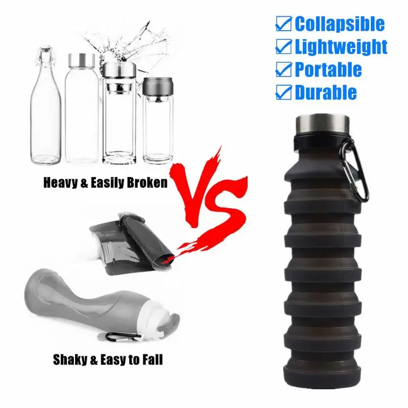 Collapsible Silicone Water Bottle for Travel Gym Camping Hiking Portable Leak Proof Sports with Carabiner 500ml | Спорт и