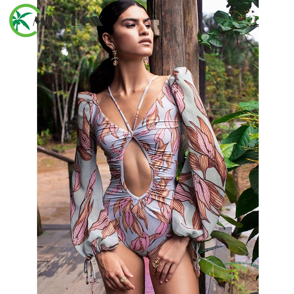 

MUOLUX New One Piece 2023 Swimwear Women Sport Rash Guard Swimsuit Print Bodysuit Hollow Out Bathing Suit Beach Surfing Monokini