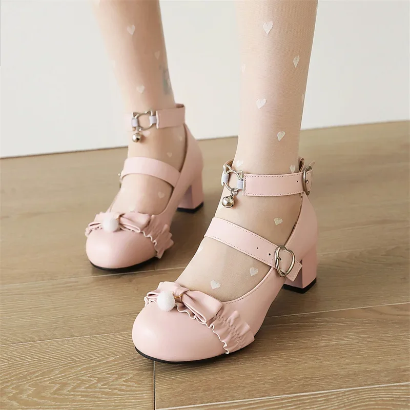 

Туфли-лодочки женские свадебные, милые розовые туфли принцессы в стиле «Лолита», с оборками и помпонами, на массивном каблуке, размеры 34-43