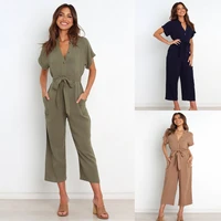 women v neck belted jumpsuit ladies solid color front button short sleeve siamese trousers wide leg ninth pants with pocket