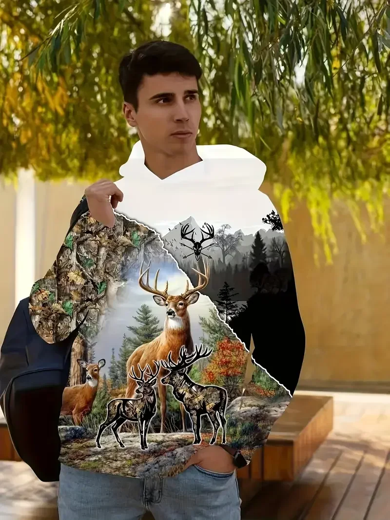 Мужская Осенняя Толстовка С Капюшоном И 3D Принтом Оленя Уличная Одежда Длинными