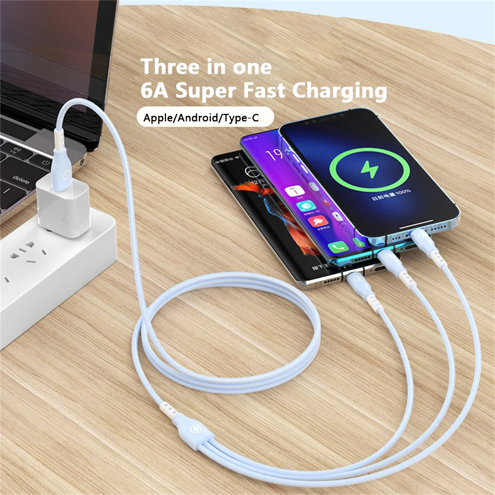 

Stable Fast Charging Phone Date Cable Cherry Powder/matcha Green/sky Blue Usb Cable Three-in-one Data Line Fast Charging 6a