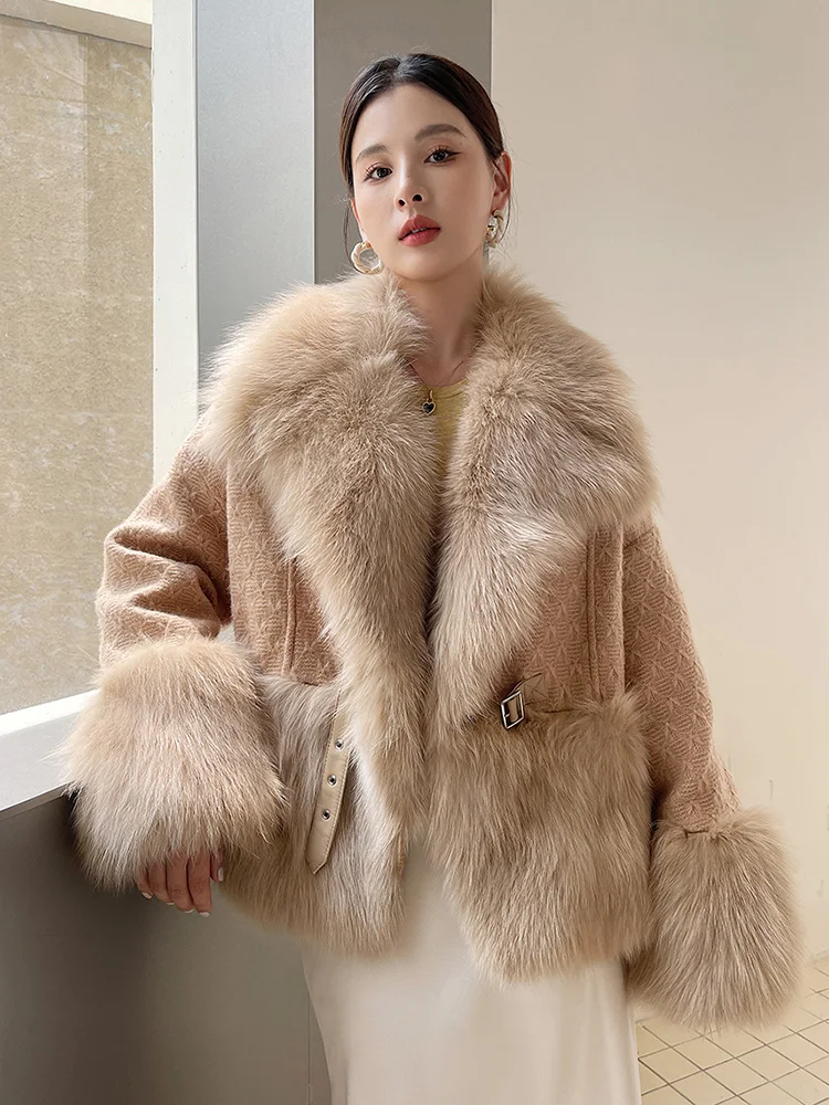 New Women Real Fur Coat Autumn Winter Thick Warm Big Fox Fur Collar Patchwork Wool Knitting Fur Jacket Loose Outerwear Female
