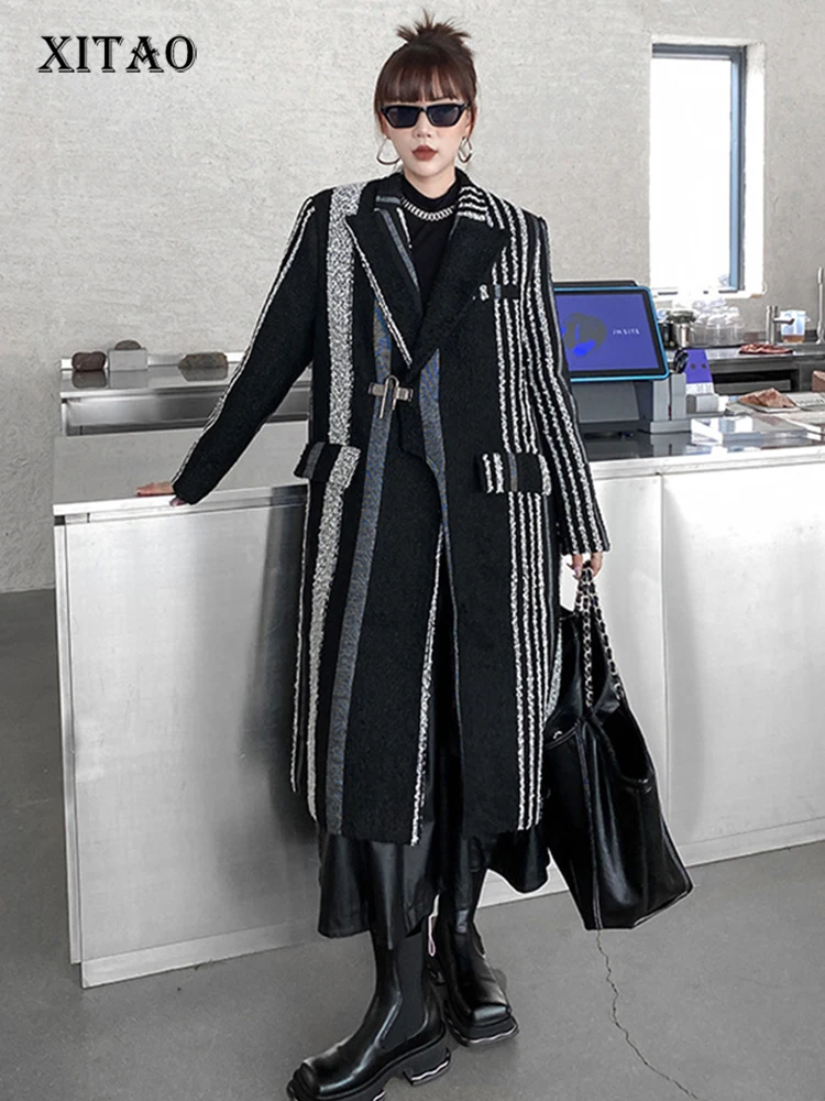 

XITAO Casual Stripe Coats Women Korea 2022 Winter New Personality Fashion Loose Turn-down Collar Full Sleeve Coats WLD13427