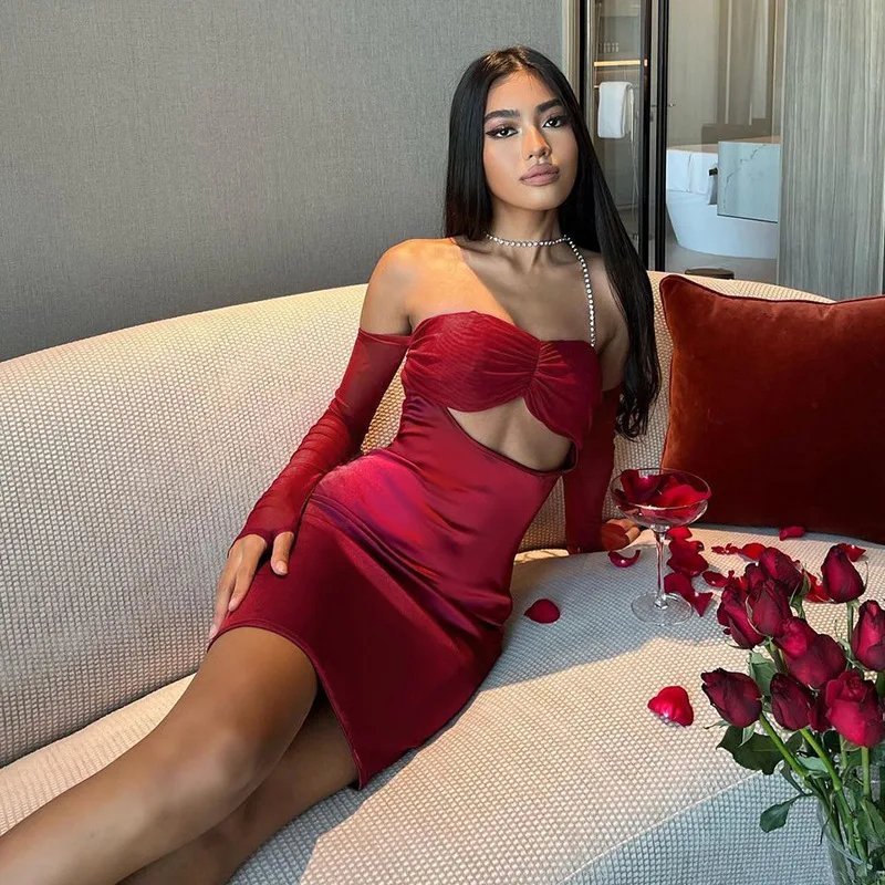 

Spring Summer Y2k Diamond Chain Sexy Women Dress 2023 New Tube Top Hollow Out Party Dresses Long Sleeve Birthday Dress for Women