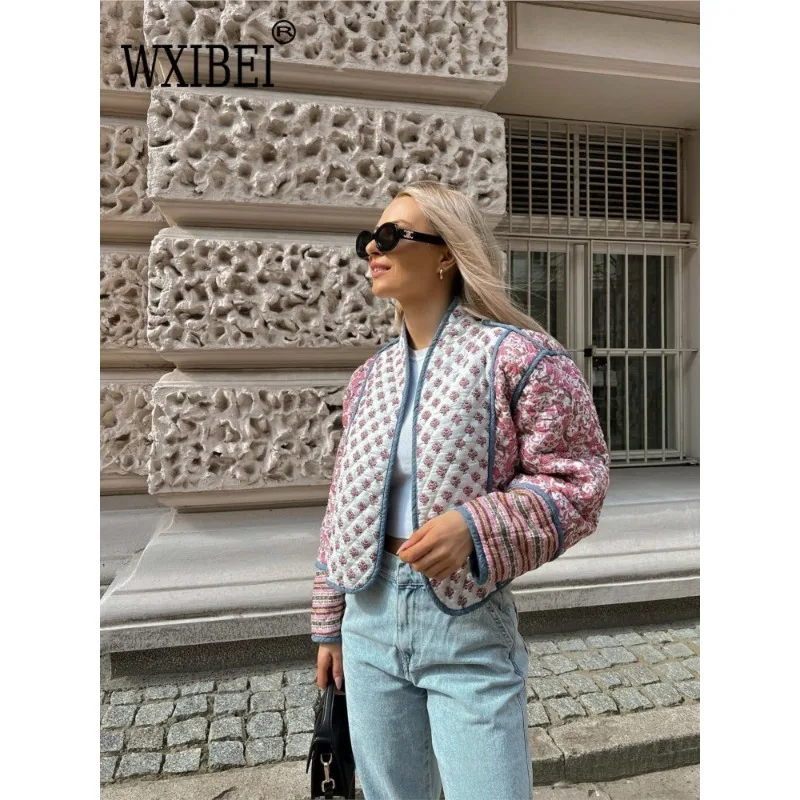 

WXIBEI Women Print Flower Quilted Reversible Cotton Coat Long Sleeve Open Front Two-sided Jackets Autumn Vintage Outerwear FC928