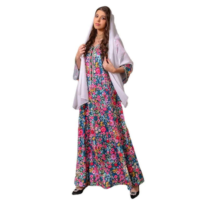 Abayas for Women Vintage Ethnic Print Long Dresses Muslim Maxi Robe Ramadan Arab Dresses Dubai Turkish Islamic Moroccan Jalabiya