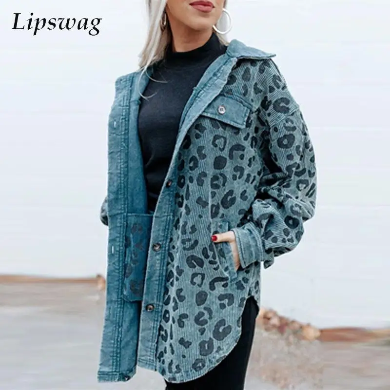 

Fashion Casual Leopard Print Loose Outerwear Women Vintage Patchwork Long Sleeve Coat Tops Elegant Pocket Turndown Collar Jacket