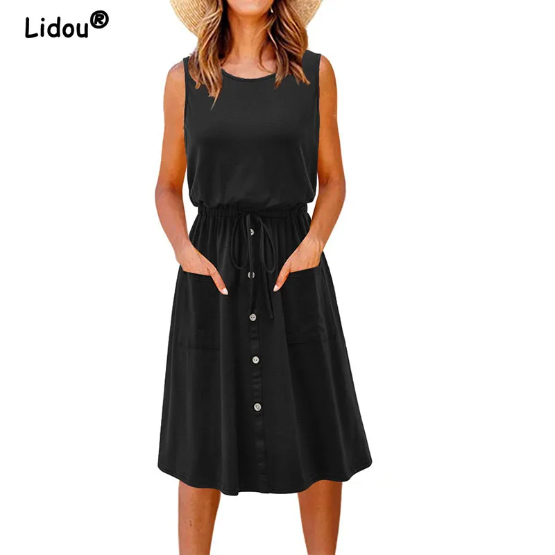 

New Six Colors Commute Summer Ladies Sleeveless Midi Dress O-Neck Splicing Pocket Button Frenulum Casual Fashion Women's Dresses