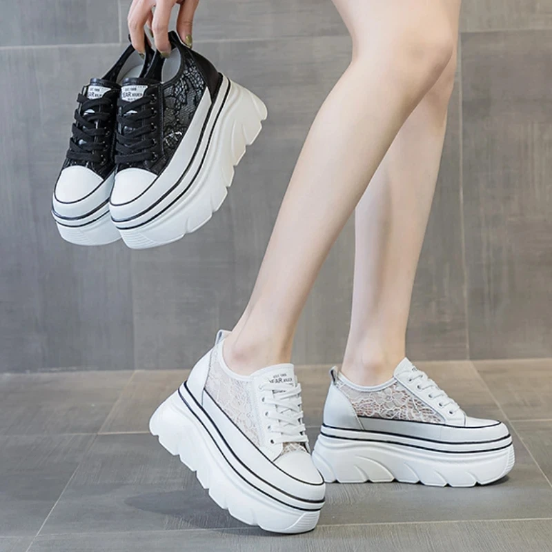 2023 New 7cm Lace Air Mesh Chunky Sneakers Wedge Platform Breathable Hollow Vulcanized Summer Fashion Genuine Leather Ladies