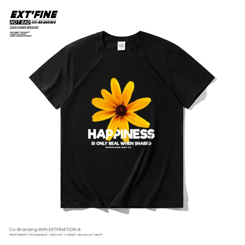 

ExtFine Daisy Printed Summer Black T-Shirts Men Tees 2022 Hip Hop Man Casual Short Sleeve Tshirts Cotton Male Oversized Tops