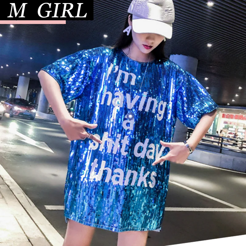 

Летняя уличная одежда M для девочек в стиле хип-хоп с круглым вырезом, футболка для ночного клуба на весну, лоскутный топ с коротким рукавом и буквенным принтом, свободные топы с блестками