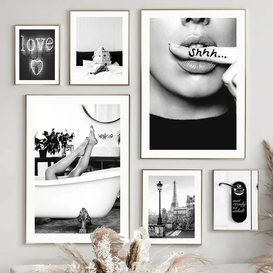 Парижский Город Любовный Поцелуй Девушка Черный Белый Цвет Холст С Принтом