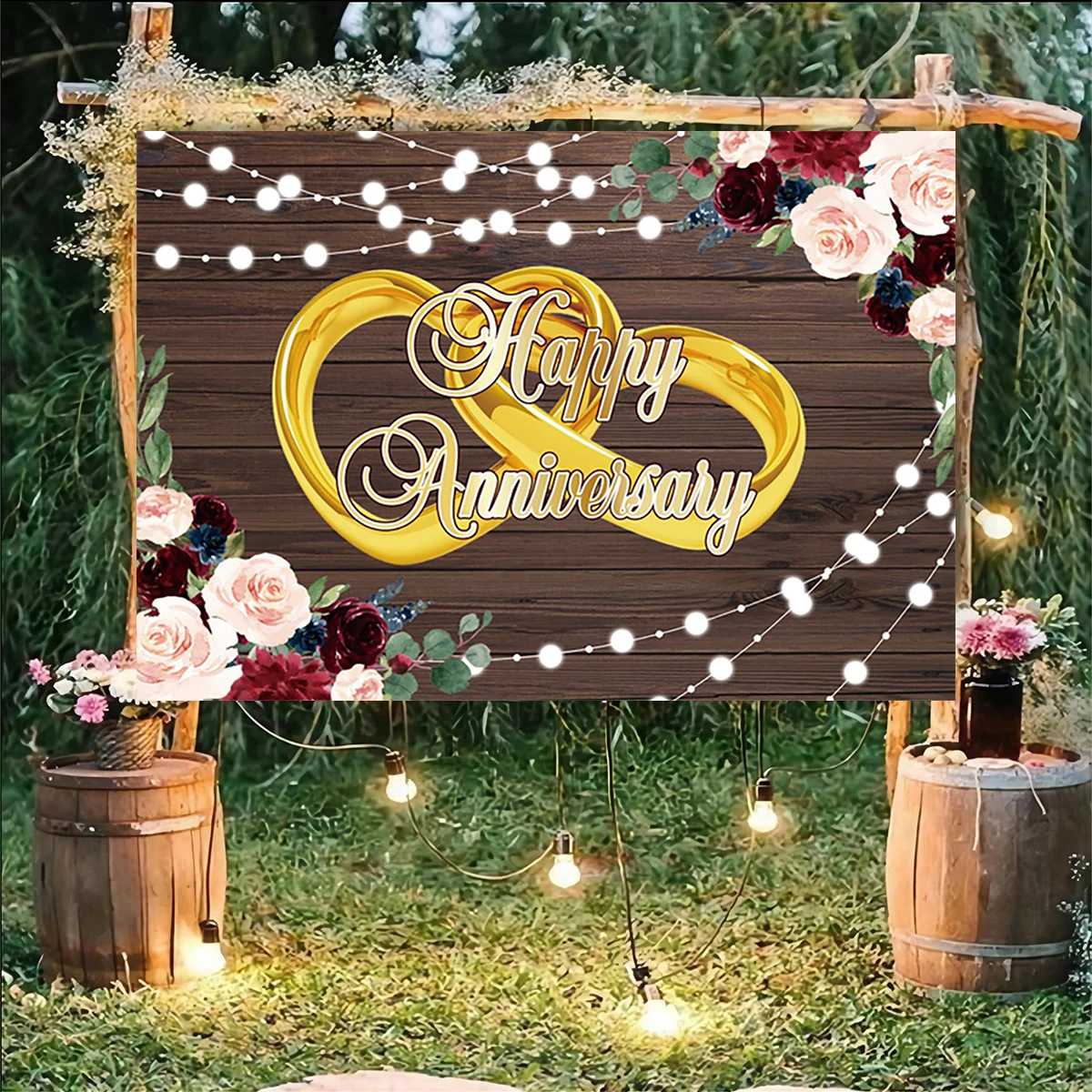 

Happy Anniversary Invitation Name Customiz Banner Backdrop Golden Ring Photography Background Guest Sign Wooden Flower Wall