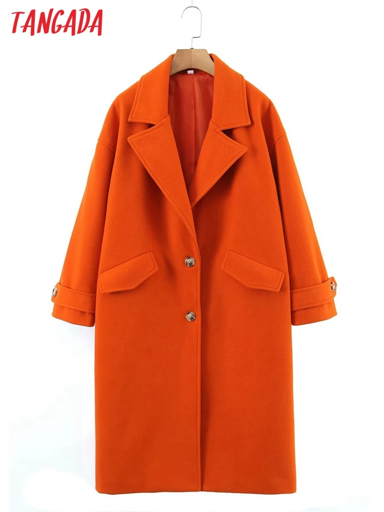 

Tangada 2022 Women Orange Winter Woolen Coat Vintage Long Sleeve Flap Pockets Female Outerwear SL42
