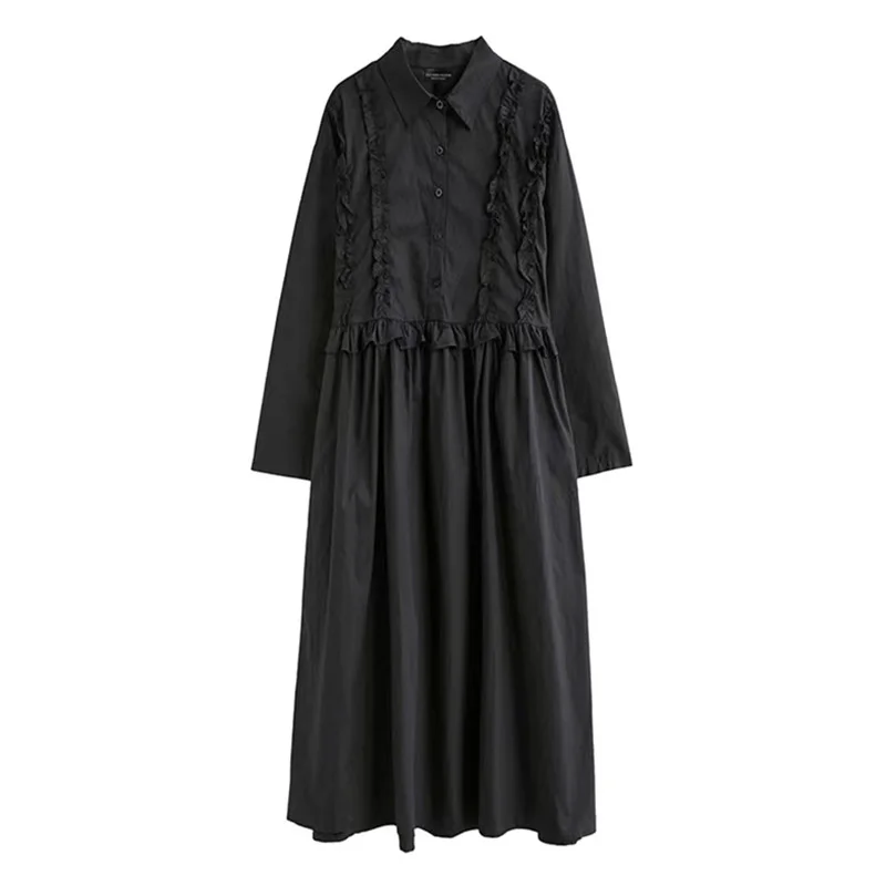 

Женское длинное свободное платье-рубашка, черное или синее платье с отложным воротником и длинным рукавом, осень 2022