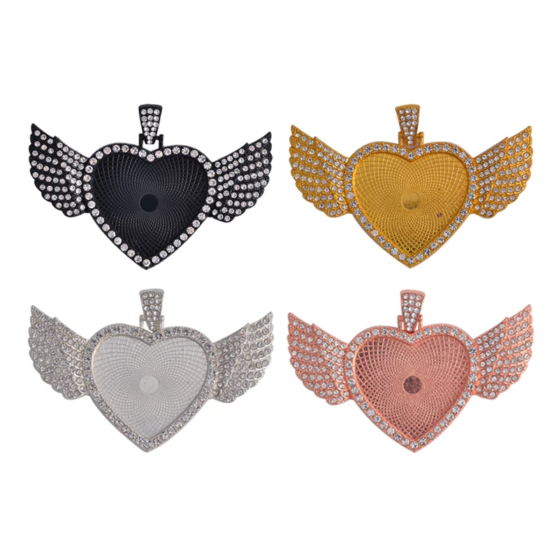 

6PCS Heart Cabochon Angel Wing Pendant Base DIY Jewelry Making Alloy Matching Diamond 30mm Necklace Crafts Jewellry Findings