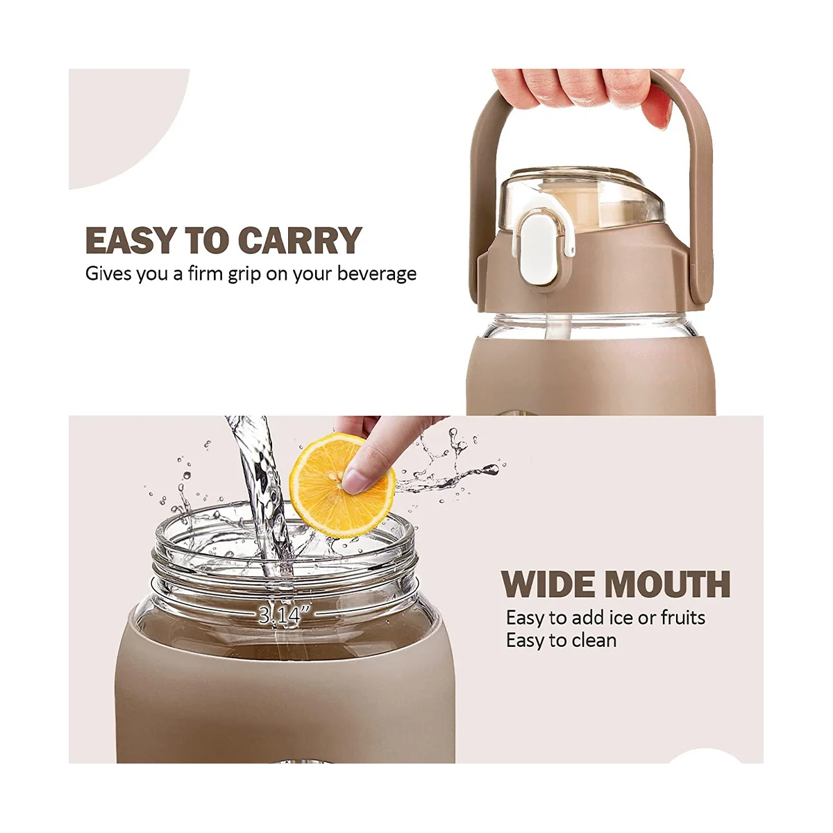 

64Oz Glass Water Bottles with Straw, Glass Bottle with Silicone Sleeve and Time Marker, for Gym Home Office Brown