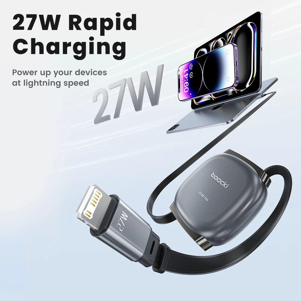 Фото Кабель Toocki 27W Smooth Retractable USB C-Lightning для быстрой зарядки iPhone 14 13 Pro Max, iPad, магнитный, плоский, из TPE, для передачи данных №2