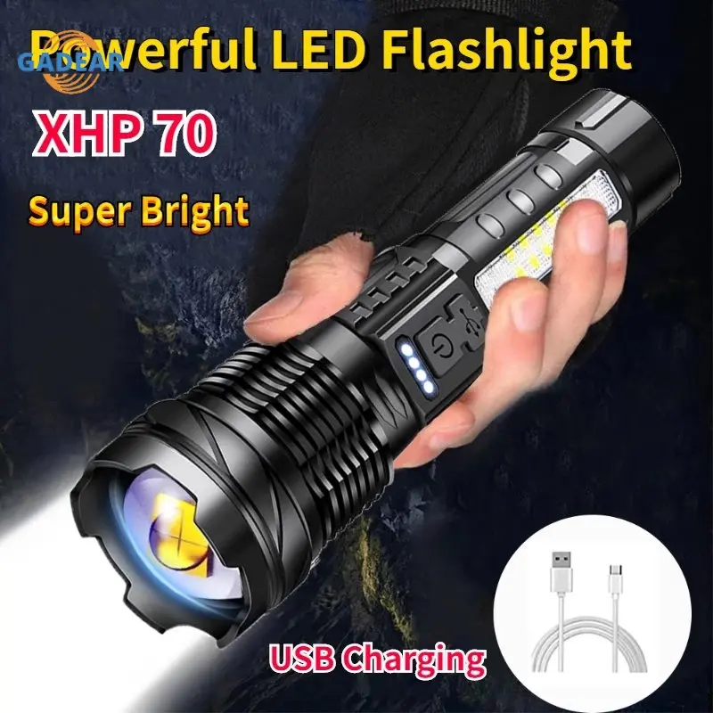 

XHP70 Emergency Flashlight High Power Outdoor Camping Tactical Light 18650 Built-in Battery Rechargeable T6+Cob Light Flashlight